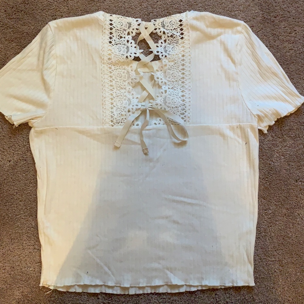 Ribbed White Top with Lace Back